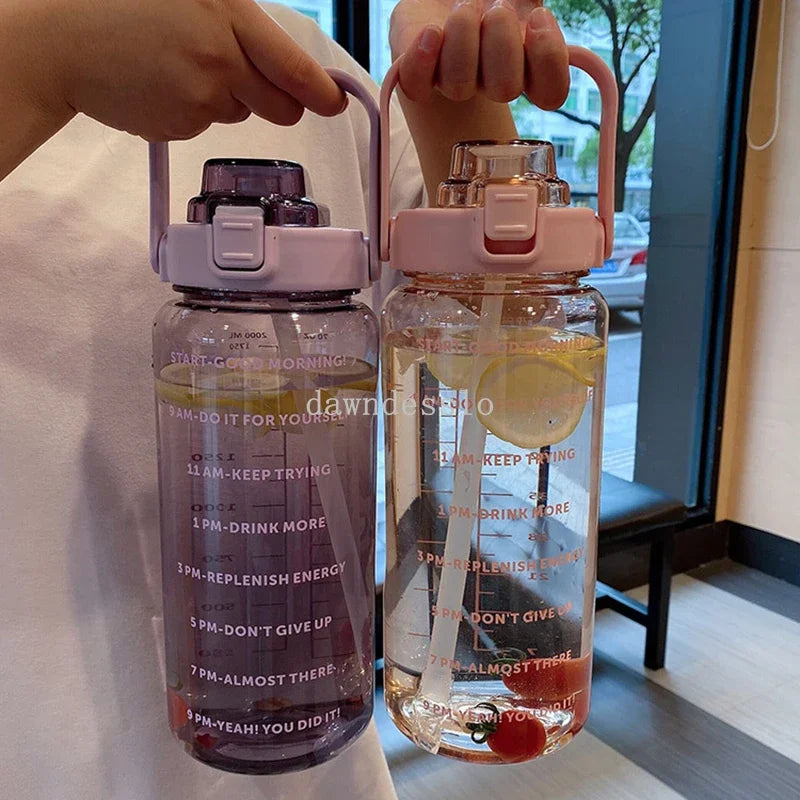 2 Liter Water Bottle with Straw Female Jug Girls Portable Travel bottles Fitness Bike Cup Summer Cold Water Jug with Time Marker