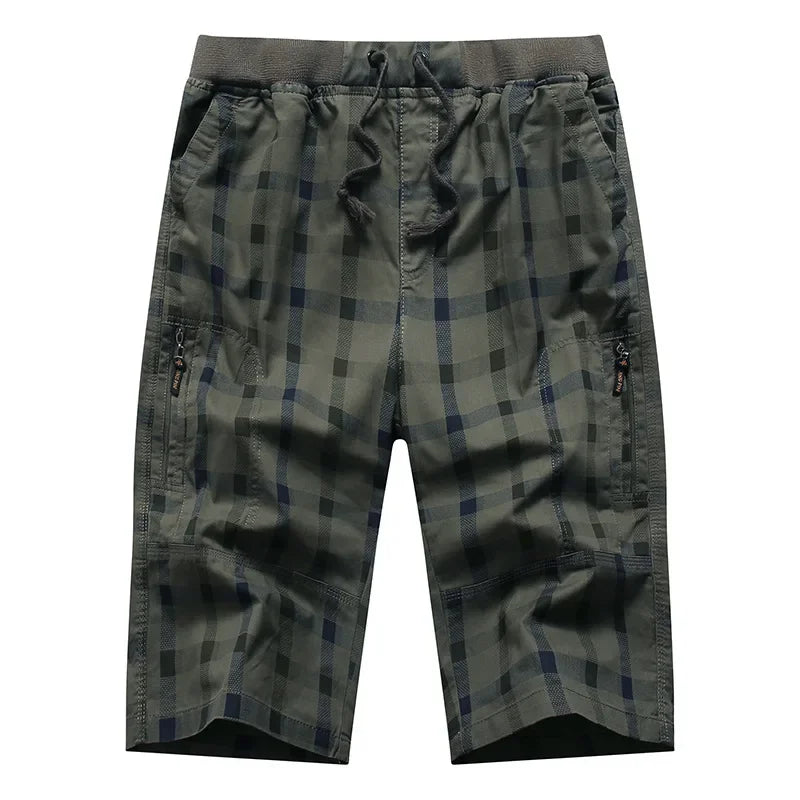 Long Shorts Men Plaid Capris Cotton Summer 3/4 Length Trousers Back Zipper Pocket Bermuda Male Elastic Waist Breeches Men