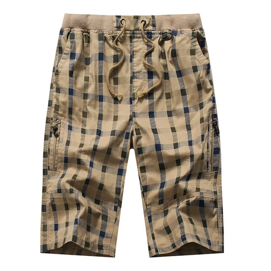 Long Shorts Men Plaid Capris Cotton Summer 3/4 Length Trousers Back Zipper Pocket Bermuda Male Elastic Waist Breeches Men